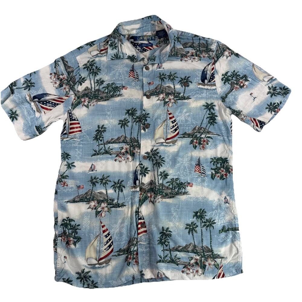 Campia Easy Care surfs up Hawaiian Aloha Camp Sailboat US Flag Shirt mens Small